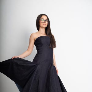 Handmade Denim Cotton Dress/Custom Made Asymmetrical Strapless Dress/Unique Sustainable Fashion/Modern Denim Dress/F5036