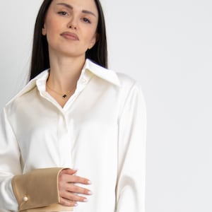 Long Sleeved Satin Shirt/Oversized White Shirt With Cuffs/Handmade Elegant White Top/Hidden Button Shirt/Made to Measure/F5017