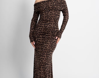 Off-Shoulder Leopard Maxi Dress/Fitted Long Sleeve Gown/Casual Bardot Gown/Handmade Cottagecore Sundress/Elegant Maxi Dress/F5080