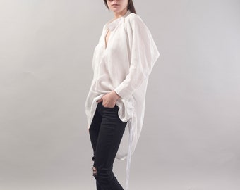 Linen White Shirt/Oversized Summer Top/Extravagant Shirt/Casual Linen Tunic/Asymmetrical Shirt/Ties Shirt/V Neck Top/Summer Tunic/F1809
