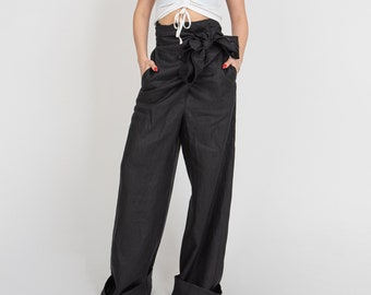 Handmade Linen Wrap Pants: High-Waisted Wide Leg Trousers/F2390