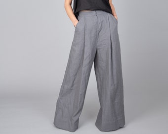 Wide Led Linen Pants/Palazzo Gray Pants/Handmade Casual Trousers/Linen Suit Pants/A-line Elastic Band Linen Pants/Loose Gray Pants/F1293