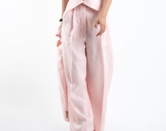 Casual Linen Pants/Loose Belted Linen Pants/Linen Trousers/Wide Leg Pants/Linen Pants/Handmade Pants/Wide Leg Linen Pants/Pink Pants/F2420