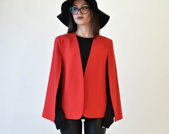 Red Cape Coat/Jacket For Women/Handmade Cape/Cape Jacket/Fashion Cape Coat/Winter Jacket/Cloak Coat/Handmade Red Coat by FloAtelier/F1977