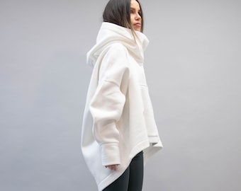 High Neck Hooded Sweatshirt/White Hoodie/Oversized Loose Loungewear/White Hoodie Top/Cosy Blouse/White Top/White Oversized Sweatshirt/F2216