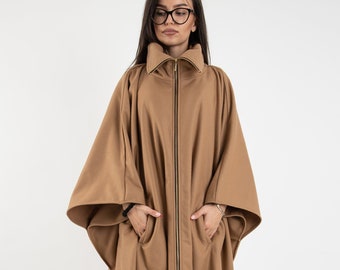 Winter Cape Coat/Zipped Cape Women/Wool Cape/Cape Jacket/Fashion Cape Coat/Winter Jacket/Cloak Coat/Handmade Camel Coat by FloAtelier/F2407