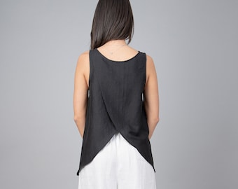 Asymmetric Linen Tank Top, Relaxed Italian Flax Blouse/F2319