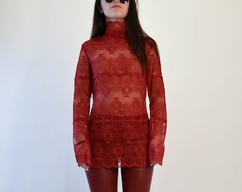 Red Lace Polo Blouse/Extravagant Lace top/Laced Polo/Classic Polo/Black Blouse/Red Lace Top/Handmade Lace polo/Handmade Top/F1990
