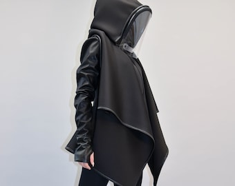 Hooded Long Neoprene Coat/Coat with Protective Visor/Neoprene Coat/Detachable Visor Coat/Large Pockets Coat/Autumn Winter Black Coat/F2165