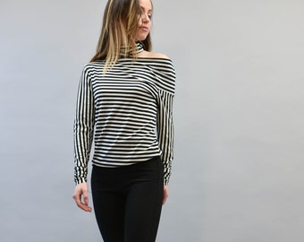 Black and white Polo/Open Shoulder Long Sleeve Polo/Women Casual Blouse/Long Sleeves Top/Casual Cotton Shirt/High Neck Black and White/F2210