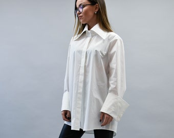 Oversized White Shirt/Handmade Casual White Top/Long Sleeved Cotton Shirt/Asymmetrical Long Shirt/Hidden Button Shirt/Made to Measure/F2203