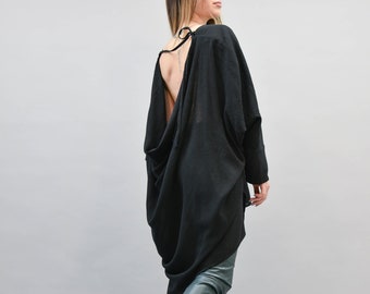 Black Linen Shirt/Oversized Summer Top/Extravagant Shirt/Casual Linen Tunic/Shirt with Open Back/Casual Handmade Shirt/Black Linen Top/F2215