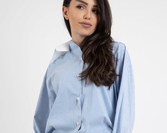 Blue Striped Shirt/Blue Maxi Shirt/Elegant Formal Shirt/Minimalist Blue Shirt/Oversized Shirt/Loose Oversized shirt with pocket/F2509