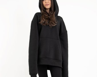 Black Hoodie/Cowl Neck Sweatshirt/Super Long Sleeves Top/Oversize Loose Loungewear/Hoodie Top/Black Sweater/Black Oversized Sweatshirt/F2501