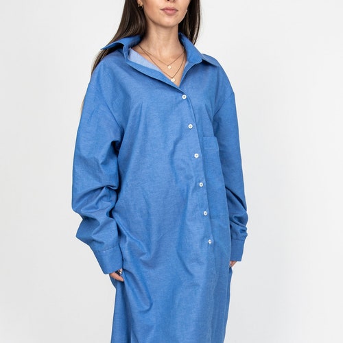 Maxi Shirt/Elegant Formal Shirt/Minimalist Shirt/Oversized Shirt/Loose shops Oversized shirt with pocket/Blue Handmade Shirt Dress/F2407