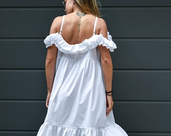 White Romantic Dress/Ruffled Dress/Off Shoulder Dress/Open Back Dress, Beach Dress/Summer Dress/Long Maxi Dress/Loose Dress/ Oversized/F2158