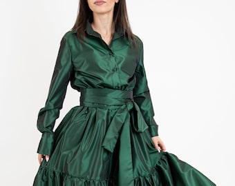 Green Tiered Women Maxi Shirtdress/Long Sleeved Tunic Dress/Ruffled Dress/Taffeta Dress/Green Dress/Long Sleeve Dress/Drape Dress/F2511