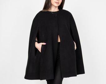 Black Winter Cape Coat/Jacket For Women/Wool Cape Jacket/Fashion Cape Coat/Winter Jacket/Black Cloak/Handmade Black Coat by FloAtelier/F2402