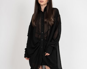 Black Chiffon Shirt/Fashion Shirt/ Extravagant Asymmetrical Shirt/Oversized Top/Transparent Shirt/Black Blouse/Front Gathered Shirt/ F2412