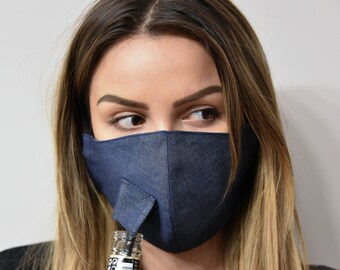 Blue Face Mask with Slit/Face Mask with Opening/Washable Mask/Reusable Washable Mask/Mask with Straw Opening/Handmade Mask with Slit/F2105