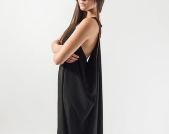 Draped Elegant Dress/Asymmetrical Black Dress/Maxi Black Dress/Black Draped Dress/Black Fashion Dress/Black Handmade Open Back Dress/F1829