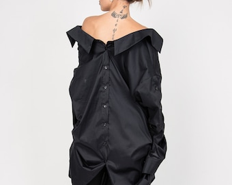 Oversized Cotton Button-Down Shirt, Extravagant Handcrafted Blouse/F2348