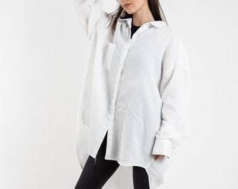 Asymmetrical Oversized Linen Shirt/Casual Long Sleeved Linen Shirt/Loose White Linen Shirt/Extravagant Shirt/Linen Shirt Blouse/F2419