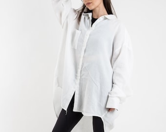 Asymmetrical Oversized Linen Shirt, Long Sleeve Blouse/F2419