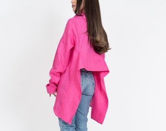 Linen Blouse/Asymmetric Summer Top/Extravagant Shirt/Casual Linen Tunic/Shirt with Open Back/Casual Handmade Shirt/Fuchsia Linen Top/F2388