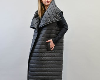 Black Long Quilted Jacket/Windproof Jacket/Black Extra Warm Jacket/Long Trendy Jacket/Detachable Sleeves/Sleeveless Winter Jacket/F2169