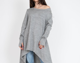 Gray Asymmetrical Sweater/Cozy Pullover/ Sweater Dress/Knit Dress/Women Ribbed Sweater/Maxi Blouse/Oversized Knit Top/Winter Blouse/F1011