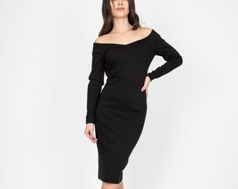 Long Sleeve Dress/Evening Elegant Dress/Sexy Women Open Shoulder Dress/Black Midi Dress/Open Shoulder Dress/Handmade Trendy Dress/F2363