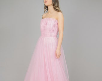 Handcrafted Pink Tulle Bustier Dress, Romantic Bridal Gown