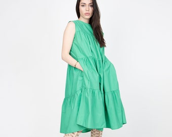 Ruffle Maxi Dress/Green Cotton Dress/Flowing Dress/Boho Dress/Eco Dress/Custom Made Dress/Romantic Dress/Green Casual Dress/Flo Dress/F2308