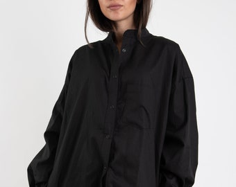 Black Shirt/Elegant Formal Shirt/Minimalist Black Shirt/Oversized Shirt/Loose Oversized shirt with pocket/Black Handmade Shirt Dress/F2423