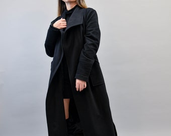 Black Wool Coat/Winter Cape Coat /Cashmere Wool Coat/Oversized Coat/Belted Coat/Handmade Black Wool Coat/Handmade Coat/F2506