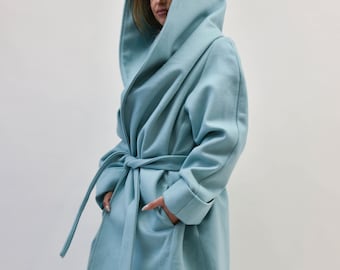 Hooded Long Wool Coat/Winter Cape Coat/Cashmere Wool Coat /Long Sleeve Trench Coat Large Pockets Coat/Casual Autumn Winter Blue Coat/F2208