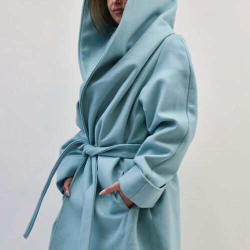 Hooded Long Wool Coat/Winter Cape Coat/Cashmere Wool Coat /Long Sleeve Trench Coat Large Pockets Coat/Casual Autumn Winter Blue Coat/F2208