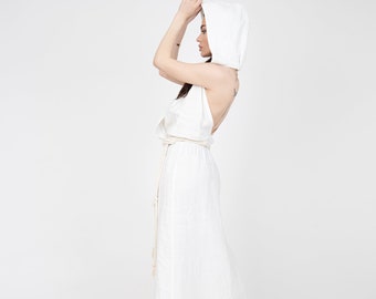 Vestido longo de linho com capuz e costas abertas: Vestido branco de verão sem mangas/F2305
