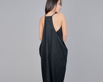 Black Linen Maxi Dress, Asymmetrical Summer Kaftan Tunic/F2276