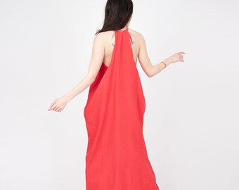 Vestido maxi de linho, estilo caftan boho com costas abertas para o verão//F2303