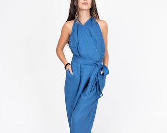 Combinaison en lin bleu / Pull en lin ample / Romper en lin / Salopette en lin enveloppant / Combinaison en lin ceinturée / Combinaison en lin décontracté / Romper ceinturé / F2389