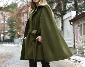 Winter Cape Coat/Green Jacket/Cape Coat/Cape Jacket/Green Fashion Cape Coat/Winter Jacket/Cloak Coat/Military Green Handcrafted Cloak/F2199