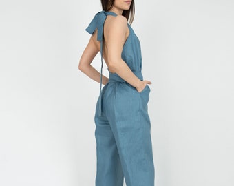 Leinen Jumpsuit/Lässiger Leinen Jumpsuit/Leinen Jumpsuit/Lässiger Leinen Jumpsuit mit Taschen/Gürtel Leinen Jumpsuit/F2274