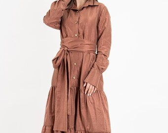 Taffeta Dress/Bronze Tiered Women Maxi Shirtdress/Long Sleeved Tunic Dress/Ruffled Dress/Gold Dress/Long Sleeve Dress/Drape Dress/F2512