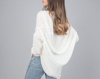 Handgestrickte Leinen Baumwolle Oversized Tunika, Offene Schulter