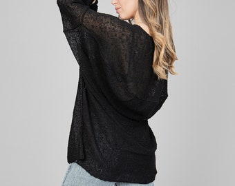 Handmade Linen Cotton Knit Tunic: Black Oversized Long Sleeve Top
