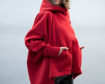 High Neck Hoodie /Red Hoodie/ Oversized Loose Hoodie/ Cotton Polo Hoodie/ Kangaroo Pocket Hoodie/Red Oversized Sweatshirt/Handmade/F2224