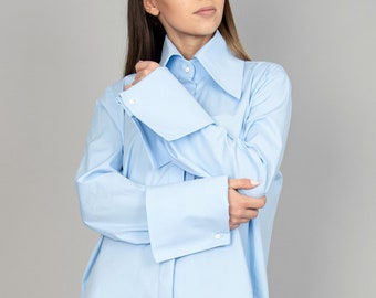 Light Blue Shirt/Elegant Formal Shirt/Minimalist Blue Shirt/Oversized Shirt/Loose Hidden Button Shirt with Oversized Cuffs and Collar/F1391