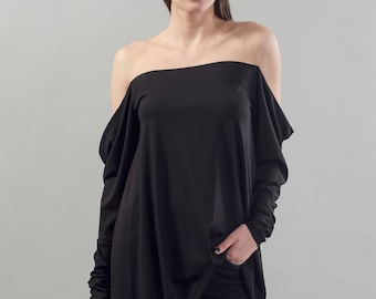 Blusa con hombros descubiertos/Camisa larga negra/Blusa de algodón de jersey/Top de moda/Top negro con cortes/Top de manga larga/Top exterior/Blusa/Blusa holgada/F1808